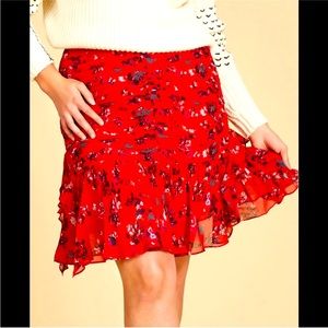 Tanya Taylor Red Floral Chiffon Abby Ruffle Silk Skirt Size 8
